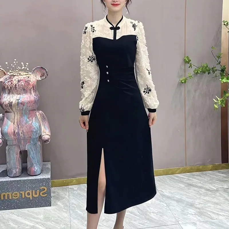 Spring Autumn Broken Flowers Midi Dress Stylish Stand Collar Chinese Disc Buckle Women\'s Vintage Spliced Folds A-Line Dresses