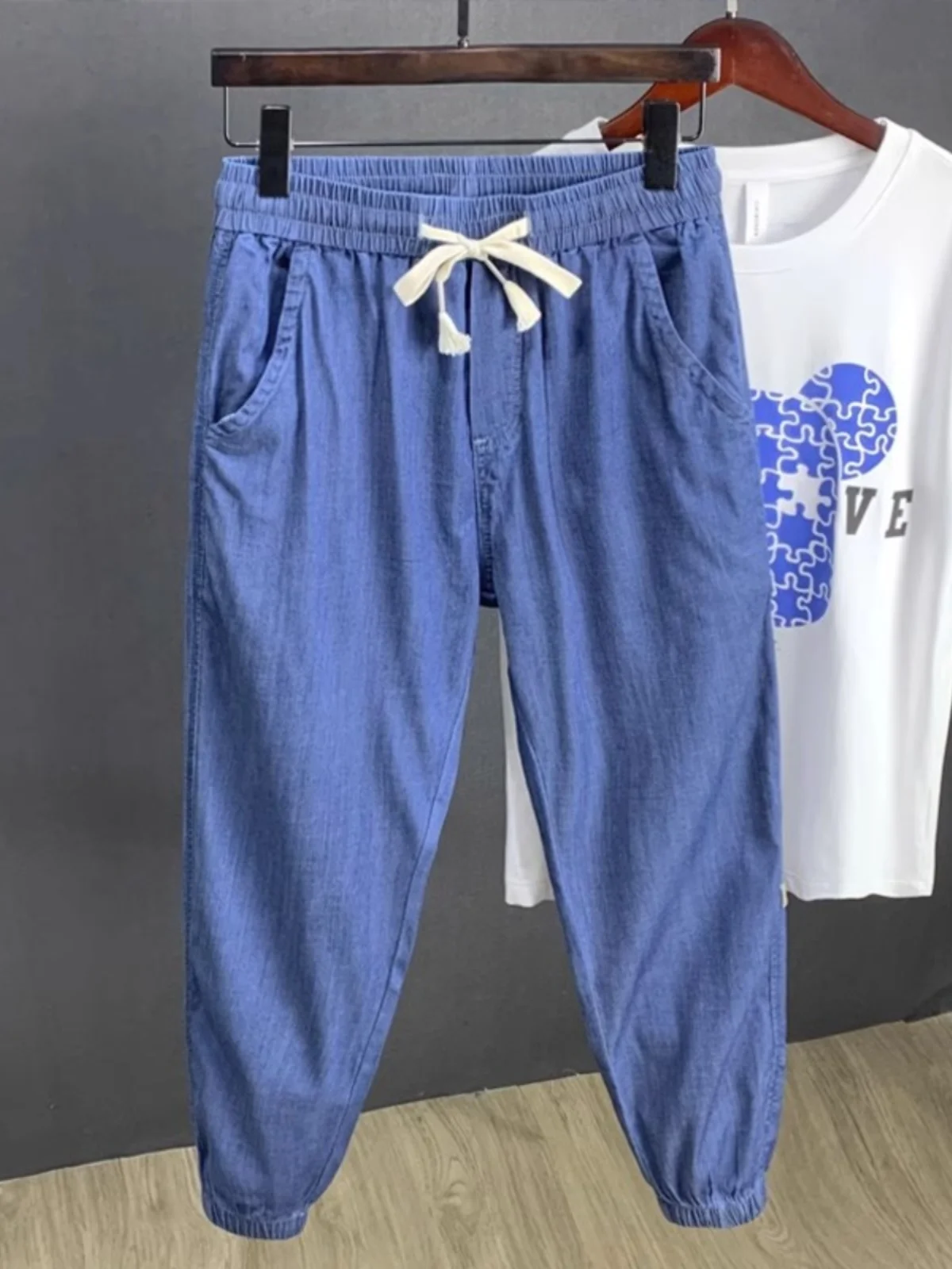 

Extra Large 300 Pounds Hong Kong Style Retro Silk Denim Men's Summer Ice Silk Harlan Cuffed Casual Nine Point Pants