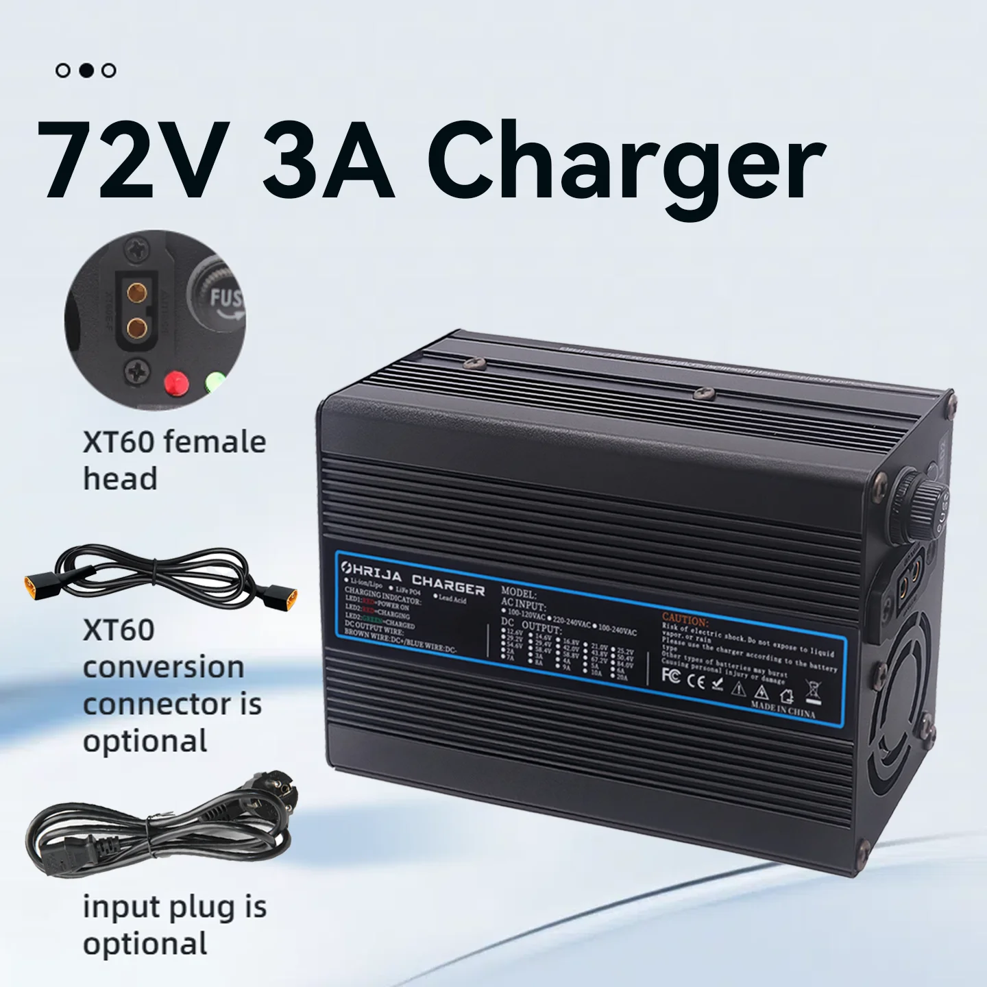 

OHRIJA 72V 3A charger quick aluminum shell suitable for 6strings Lead Acid Battery Charger detachable connector plug is optional
