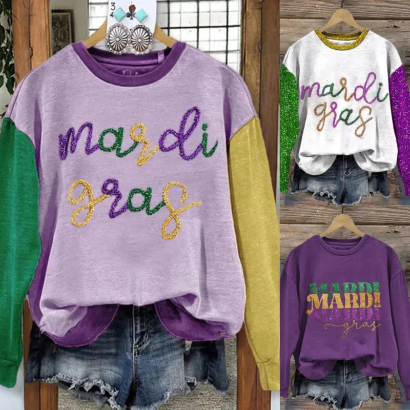 

Mardi Gras Sequin Casual Contrast Color Sweatshirt For Women Loose 4XL Long Sleeved Pullover New Carnival Celebrating Clothing