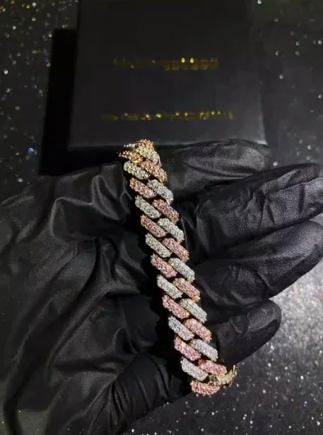 Mr.Blingggggg European and American hip-hop jewelry 12mm basic white pink mixed color diamond Cuban bracelet custom