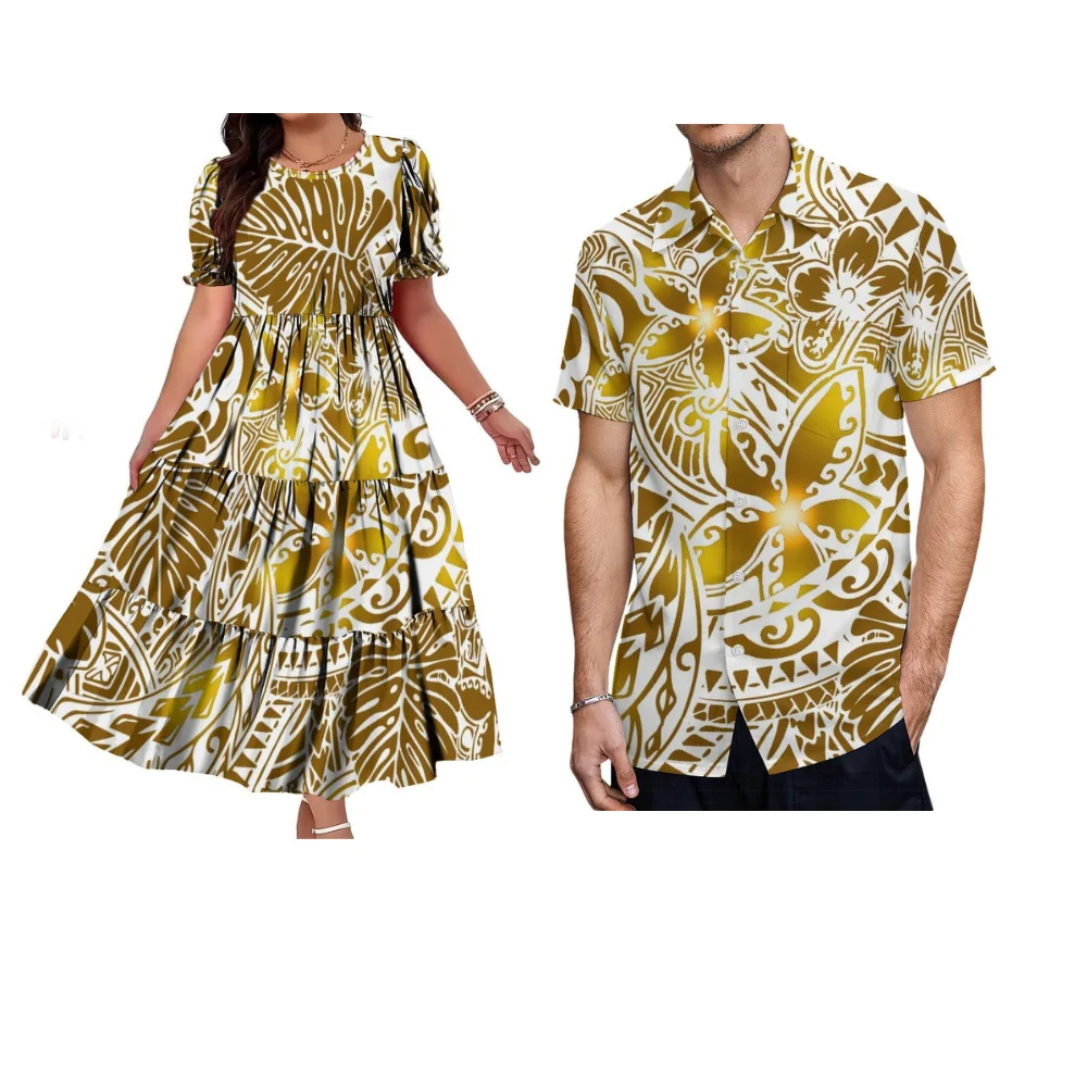 Customized Couple Outfits For Tribal Ethnic Groups Round-Neck Bubble Sleeves Cake Dress Polynesian Style Formal Dress