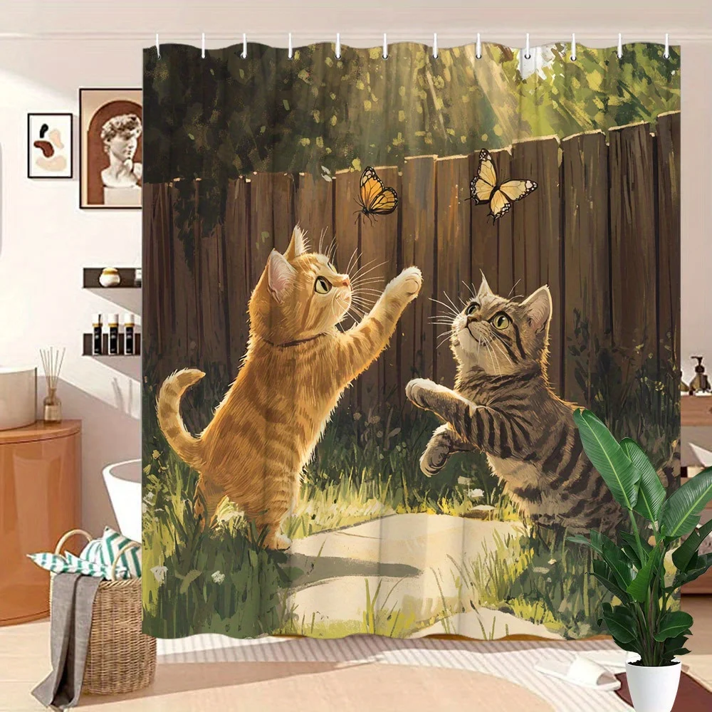 Playful Cats and Butterflies Shower Curtain - Water-Resistant, Easy to Clean, Adds a Fun and Whimsical Touch to Your Bathroom