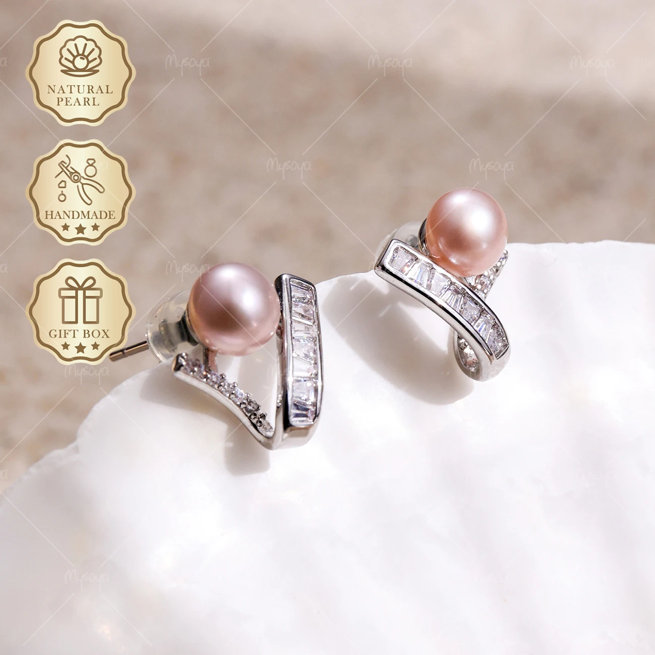 

MYSOYA Purple Pearl Stud Earrings 5-6mm Silver V-Shaped Design, Gift Box, Birthday & Mother's Day Jewelry S447