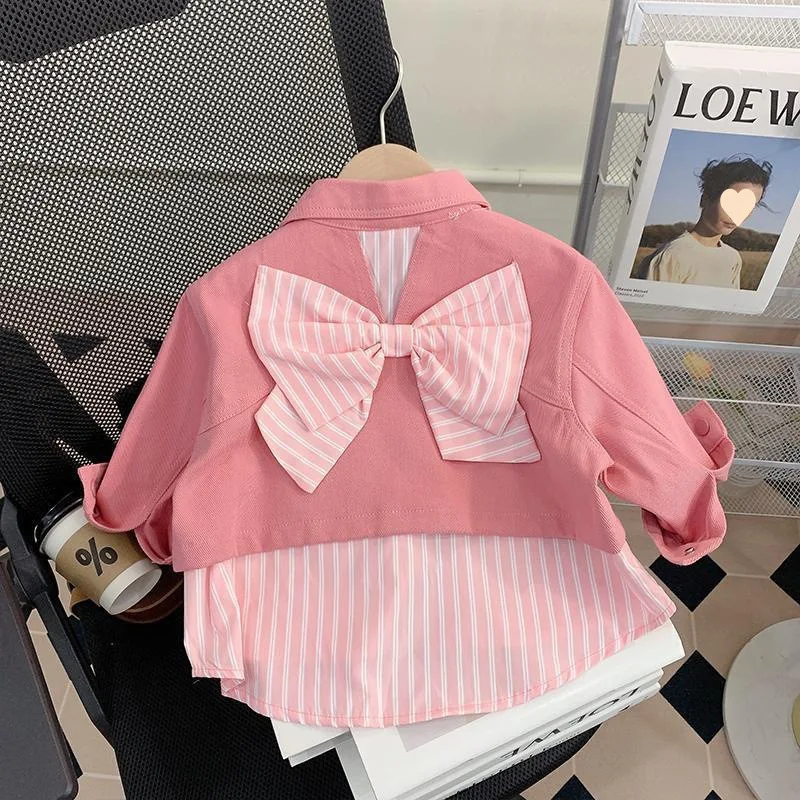 Girls\' pink striped patchwork denim jacket Big bow on back  A casual fall jacket girl\'s blouse girls blouse Cute coat for girls