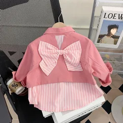 Girls' pink striped patchwork denim jacket Big bow on back  A casual fall jacket girl's blouse girls blouse Cute coat for girls