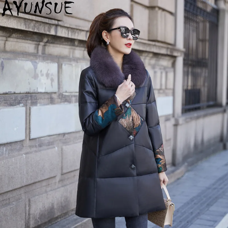 AYUNSUE 本革ダウンジャケット女性暖かいキツネの毛皮の襟冬服 2025 100% シープスキンコート女性のための Jaqueta Couro
