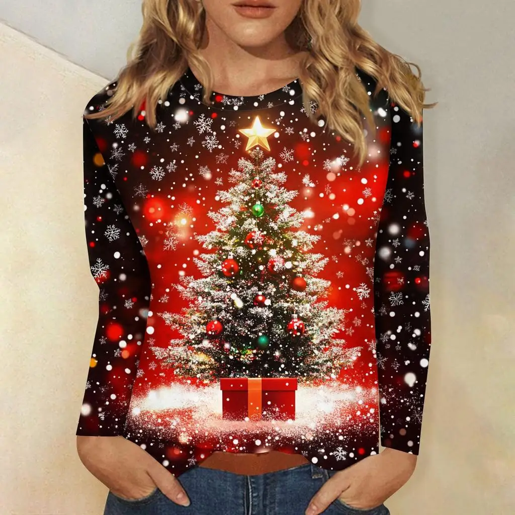 Christmas Women Sweatshirt Designer Round Neck Long Sleeve Loose Casual Autumn Christmas Tree Cat Fun Graphic Print Top