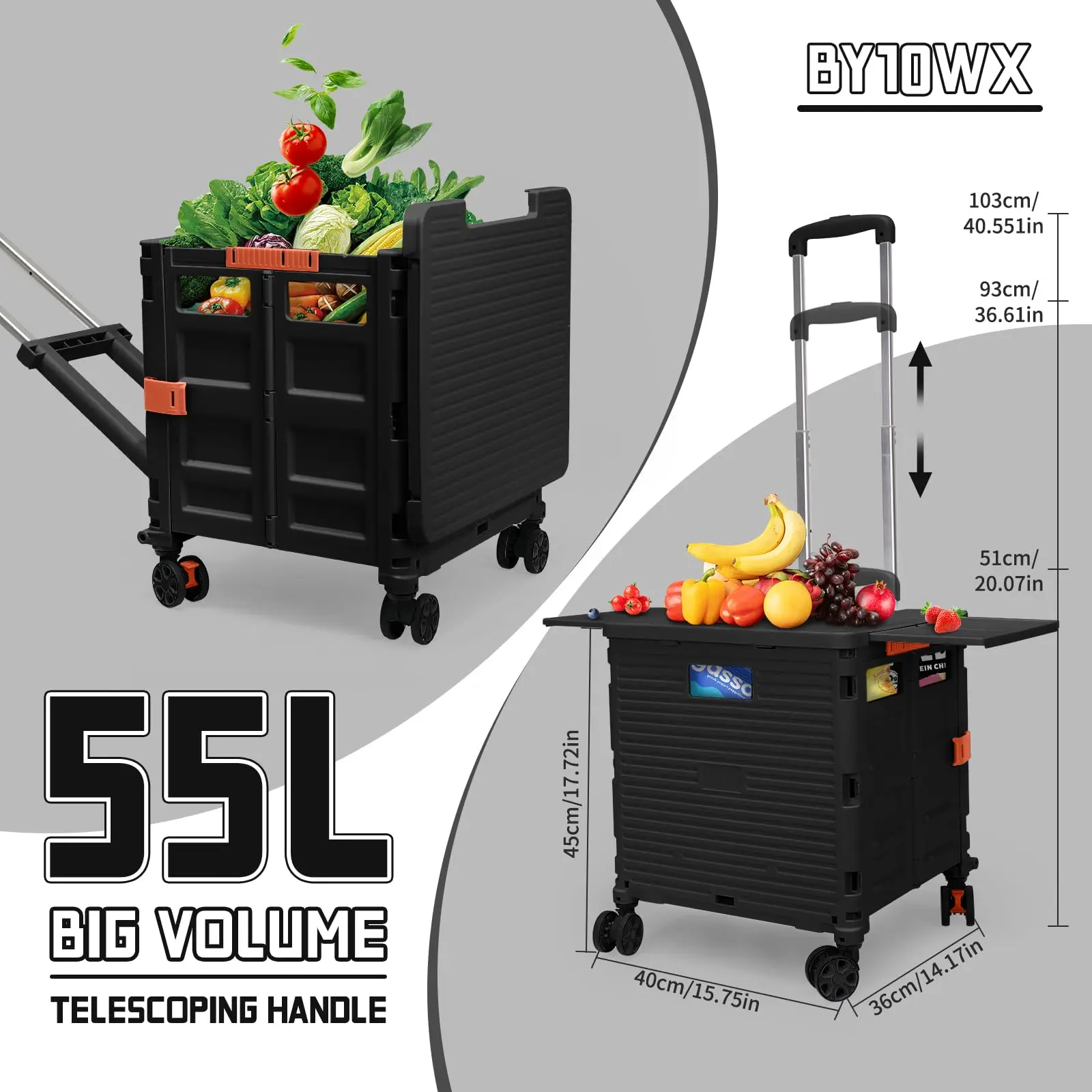 55L Foldable Utility Cart Folding Shopping Cart with Magnetic Lid Telescopic Handle Wear-Resistant 360°Wheel for Travel Storage