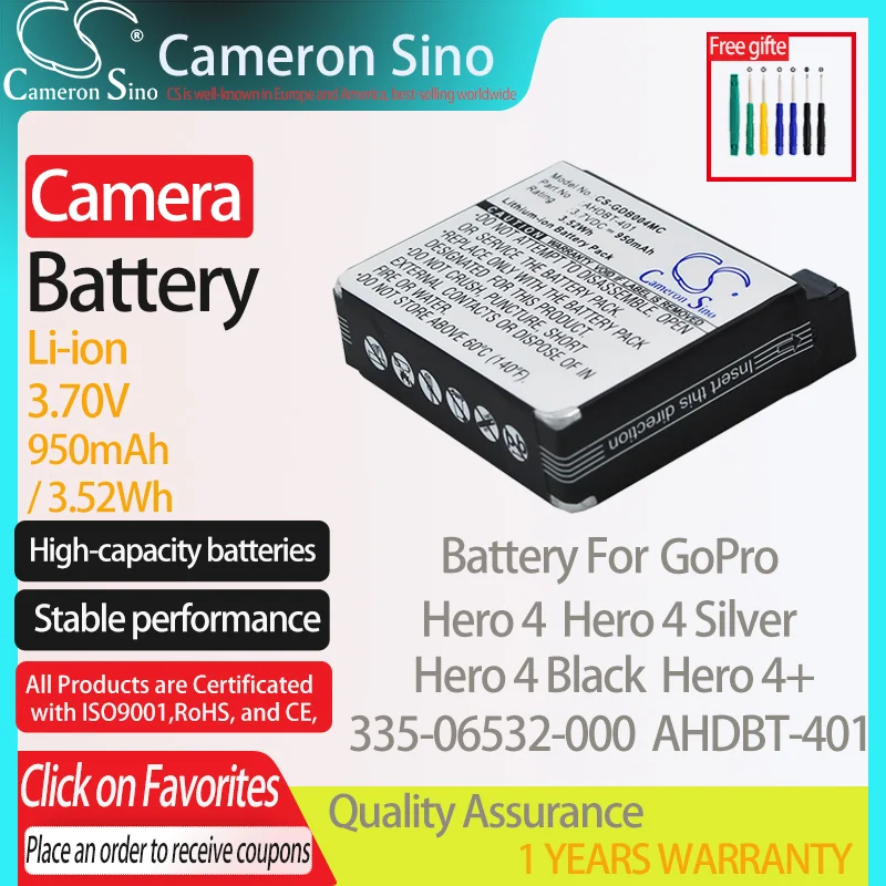 CameronSino Battery for GoPro Hero 4 Hero 4 Silver Hero 4 Black Hero 4+ fits GoPro 335-06532-000 AHDBT-401 camera battery 3.80V