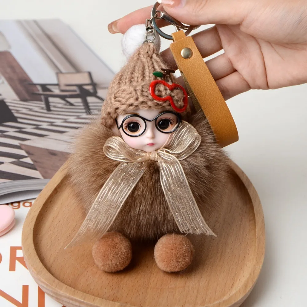 Eye Glass Doll Cute Pompom Keychain Car Key Ring Real Fur Ball Pompom Doll Brelok do kluczy Fluffy Cherry Baby Doll Ball Key Chain