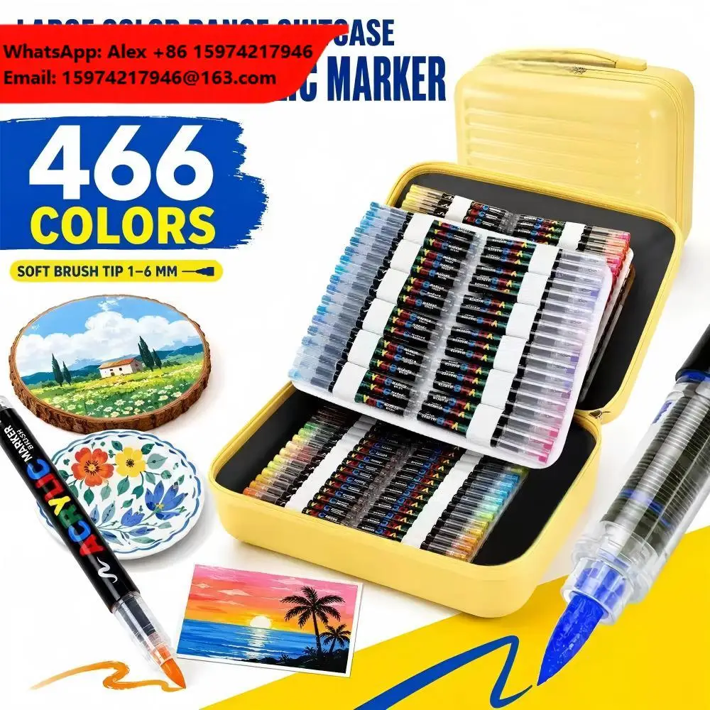 Bview Art 466-Color Refillable Soft-Tip Acrylic Marker Set In Suitcase Non Bleed Art Pens For Student DIY Journaling Doodling