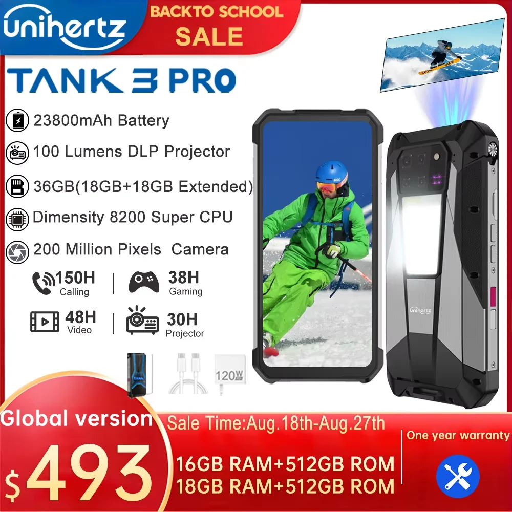 Unihertz Tank 3 Pro 8849 Rugged Smartphone android 5G with 100 Lumens Projector 32/36GB 512GB 23800mAh Waterproof 200MP phones