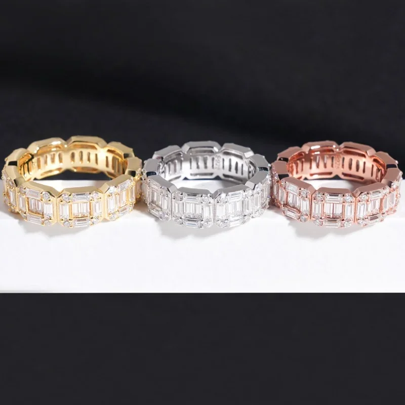 

925 Silver D Color Baguette Cut Moissanite Eternity Ring Plated 16K Gold Shine Diamond Engagement Wedding Band Pass Tester