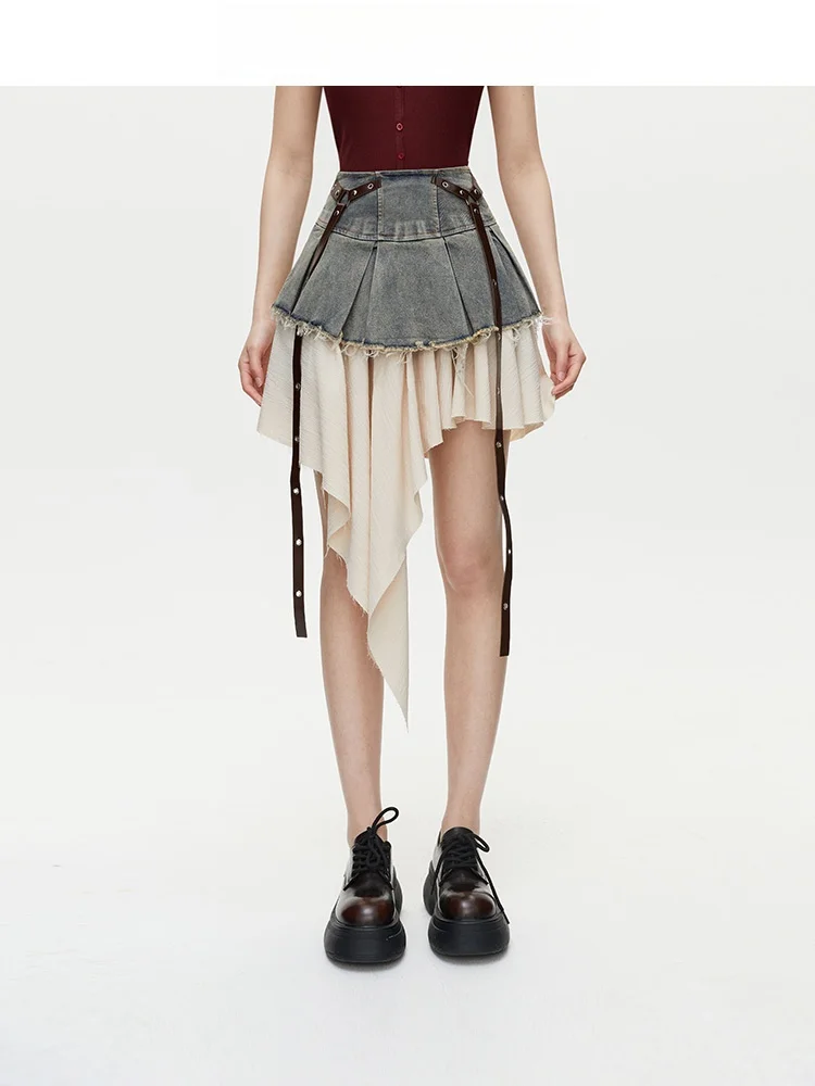 

VIVIHY2025 Autumn American Design Spicy Girl Irregular Denim Patchwork A-Line Skirt Women Slimming High Waist