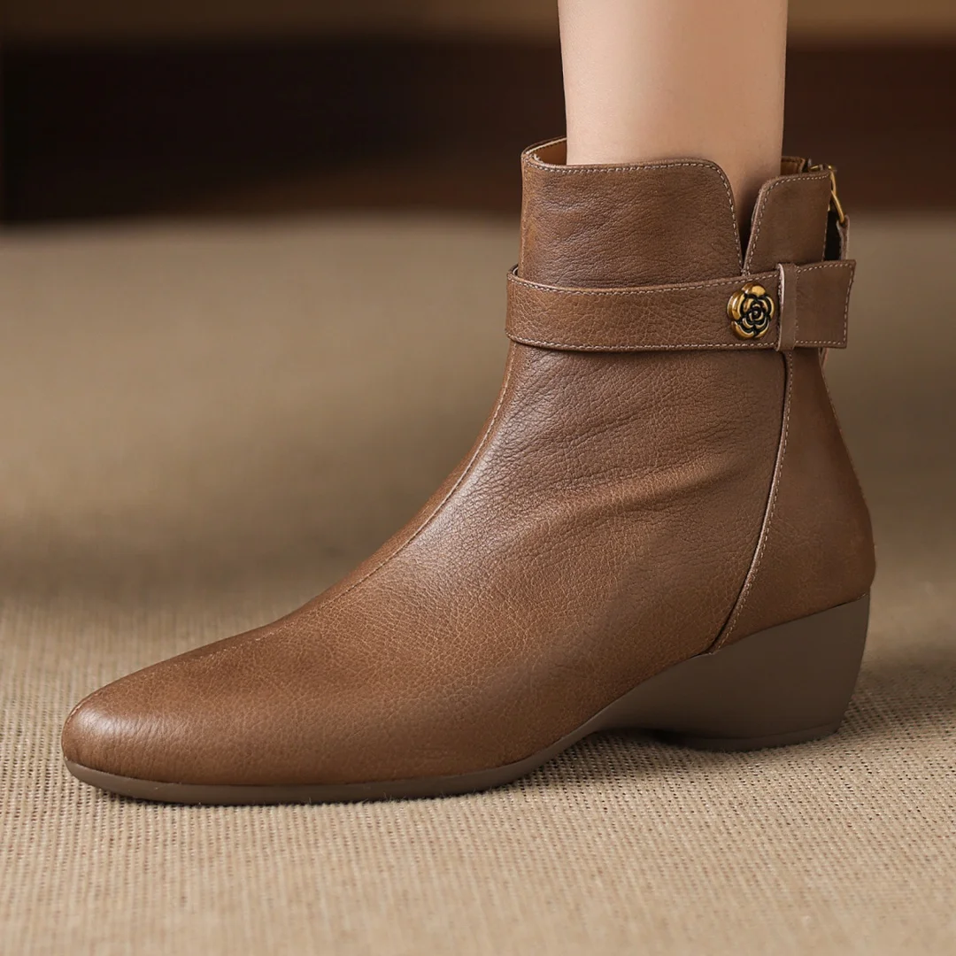 

Women's cow leather round toe ankle buckle back zip autumn ankle boots 4.5cm wedge med heel casual female short booties shoes