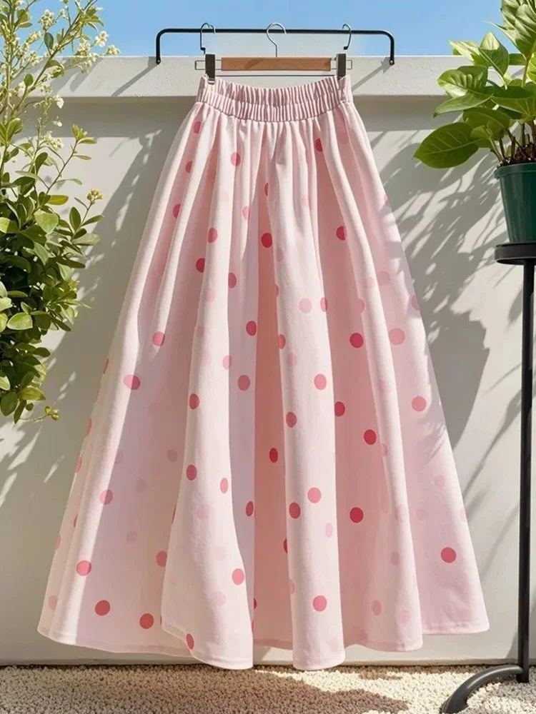 Cute Pink Dot Long Skirts Women Spring Elegant High Waist Sweet Skirt Korean Fashion Casual Female Summer Chic Long Skirt New