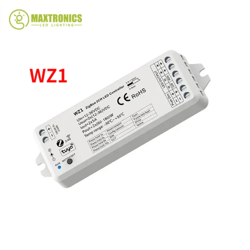 WZ1 12-36V ZigBee 3.0 & RF 2 CH LED Controller Tuya APP Cloud Wireless Remote Control 2 Channels for Single Color CCT LED Strip