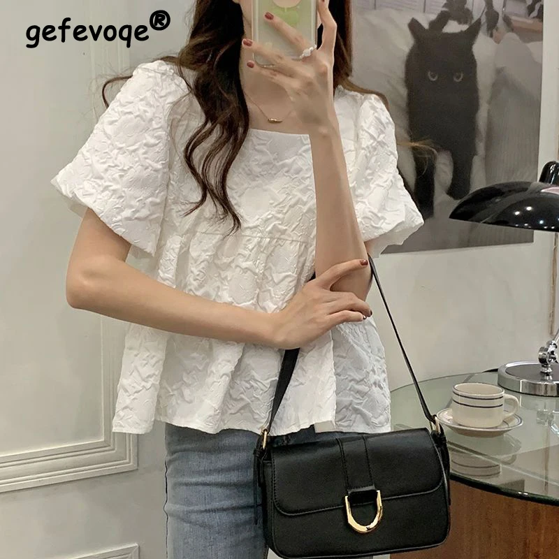 Women\'s Clothing Trendy Pleated Texture Square Collar White Kawaii Blouse 2023 Summer Sweet Chic Puff Short Sleeve Shirts Blusas