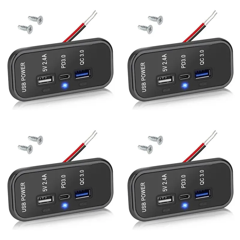 4X 3 Ports 12V USB Outlet , PD3.0 Type C, QC 3.0 USB A & 2.4A USB A Fast Socket Adapter For Car Marine