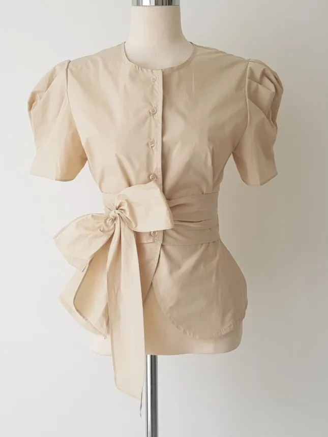 

Chic Summer Women's irt round Ne Single Button Bubble Sve Waist Cinched Slim Fit Top Faionable Office Sle Pure Color