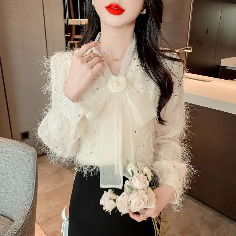 Bow Sequin Tassel Base Shirt for Women with Plush Insulation French Gentle Style V-neck and Inner Chiffon Long Sleeves Shirt