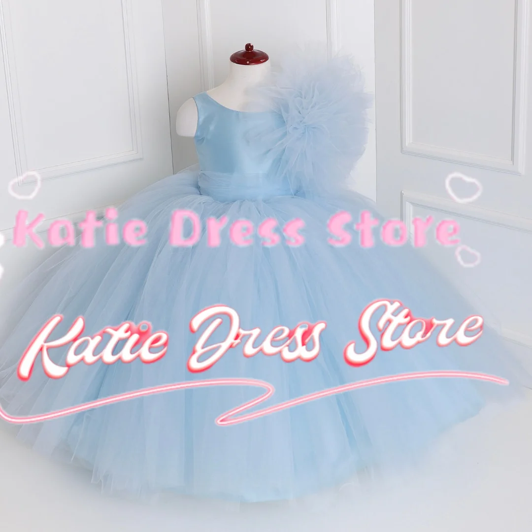 

Небесно-голубое платье для девочек на свадьбу, из тюля, пышное, без рукавов, для детского дня рождения, элегантное бальное платье для первого причастия, на заказ