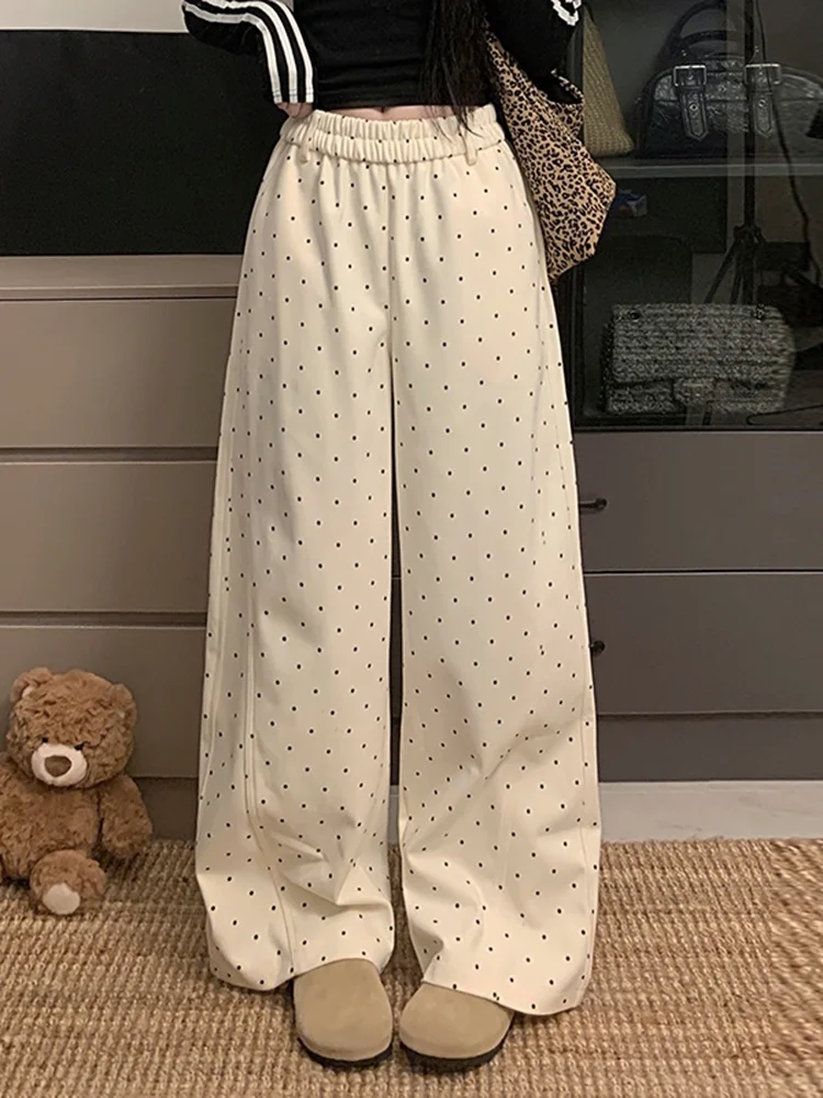 Koreańskie wełniane spodnie w grochy, damskie, z wysokim stanem, proste nogawki, luźne, szerokie nogawki, jesień-zima, nowość