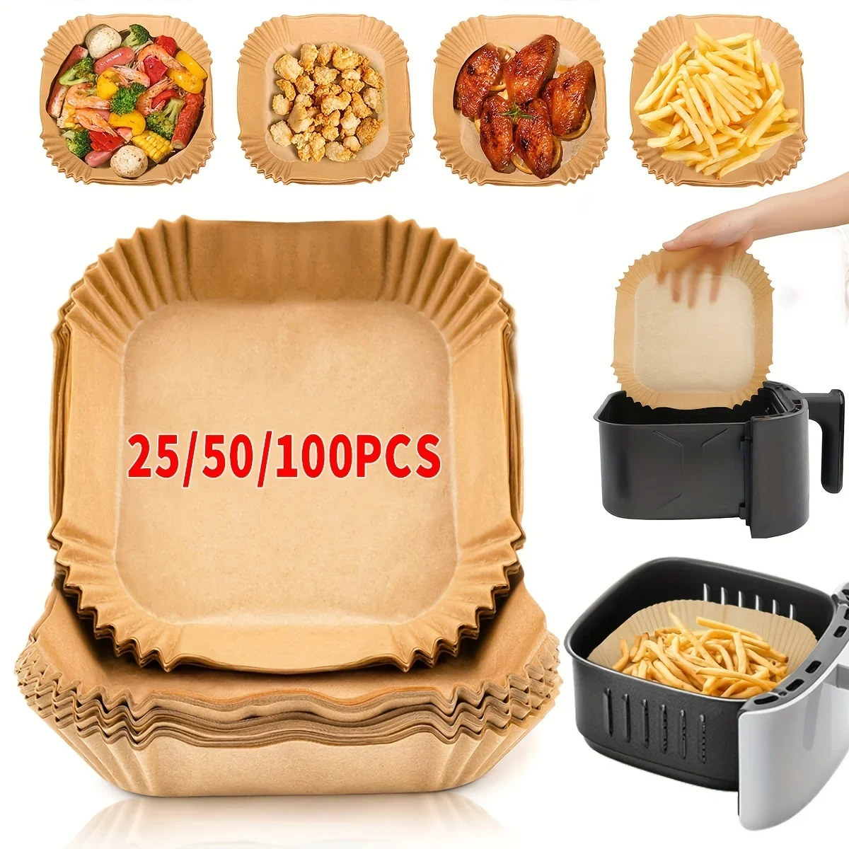 25/50/100pcs Oil-Proof Non-Stick Disposable Square Papers for Frying Baking Cooking, Versatile Air Fryer Parchment Paper Liners