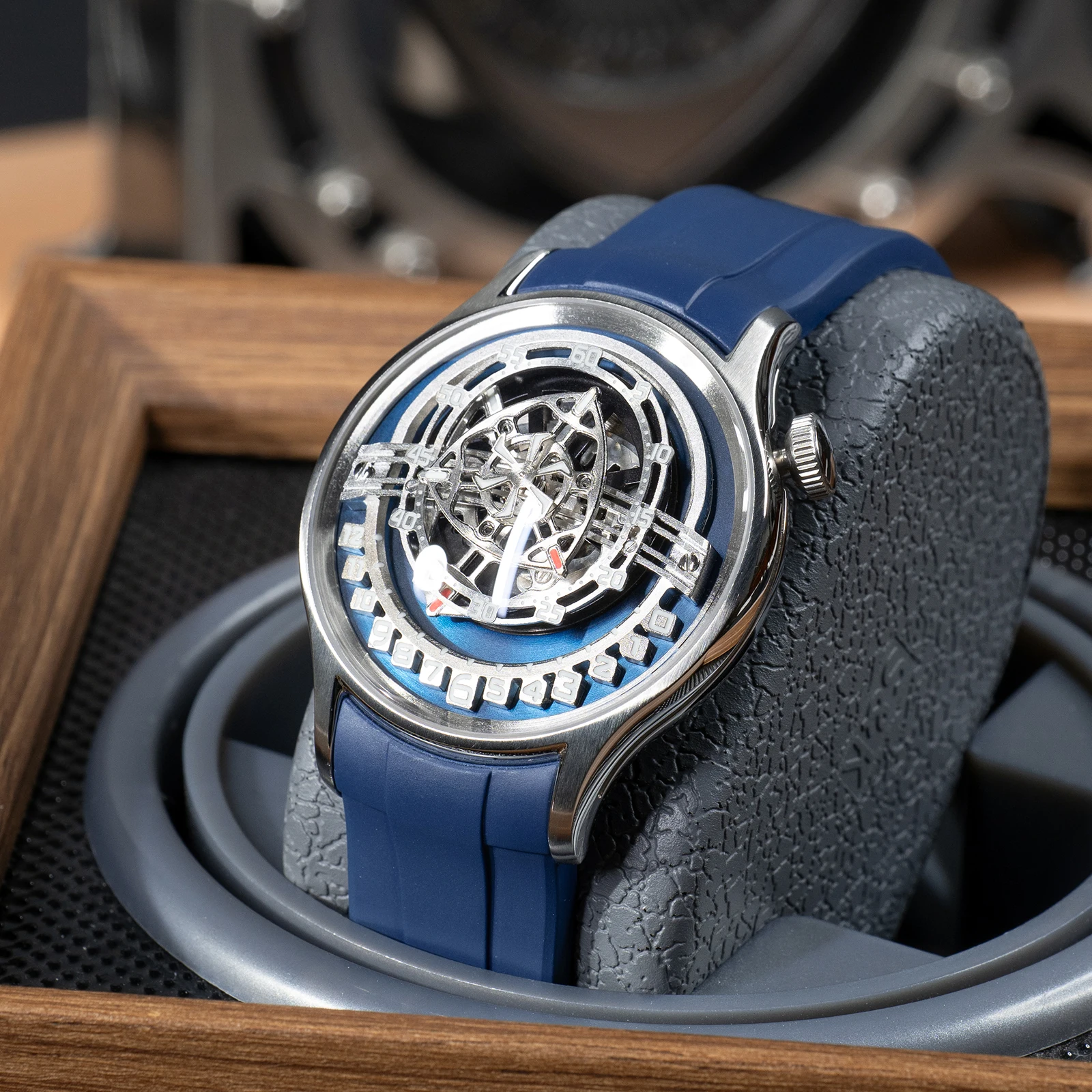 OBLVLO Designer Mens Rotor Blue Nightlight Automatic Movement Watch Unique Skeleton Shield Blue Dial Mechanical Watch BLM-ROTOR