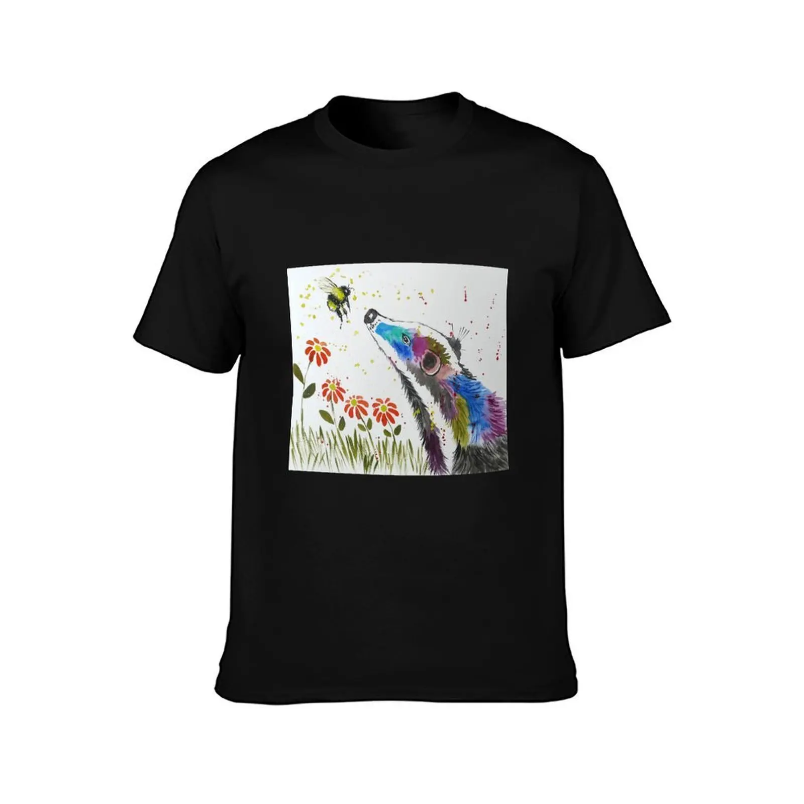 Colourful Badger and a Bee among Flowers T-Shirt t shirts with prints T-Shirt