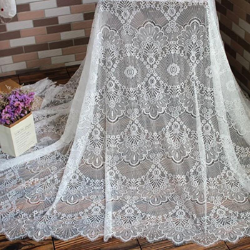 French Eyelash Lace Fabric, 150cm Wide, DIY Exquisite Lace Embroidery Clothes, Wedding Dress Accessories, White and Black, 3m