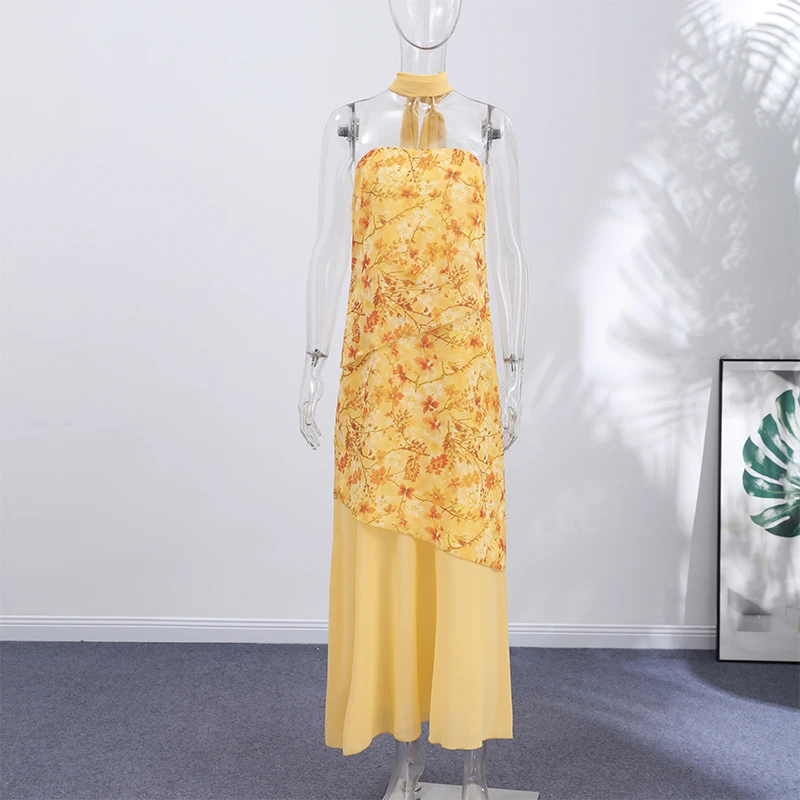Damen Patchwork Trägerloses Maxikleid Ärmellos mit Rüschensaum und Schal Schnürkleider 2026 Sommer Elegantes Abendkleid für Damen – Detail 10