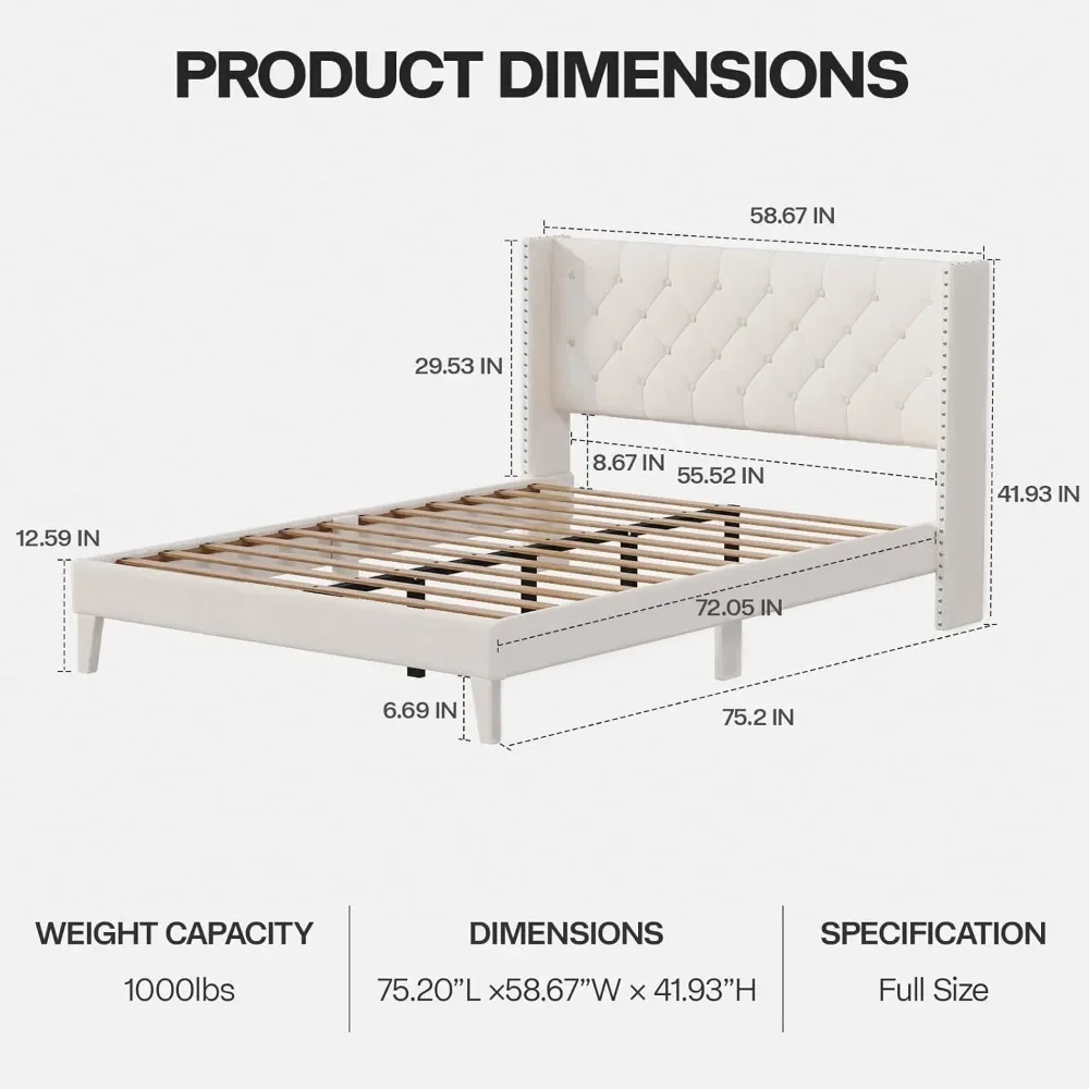 Estrutura de cama de tamanho completo com cabeceira de asa, estrutura de cama de plataforma estofada com cabeceira e luzes capitonadas de diamante, ripas de madeira,