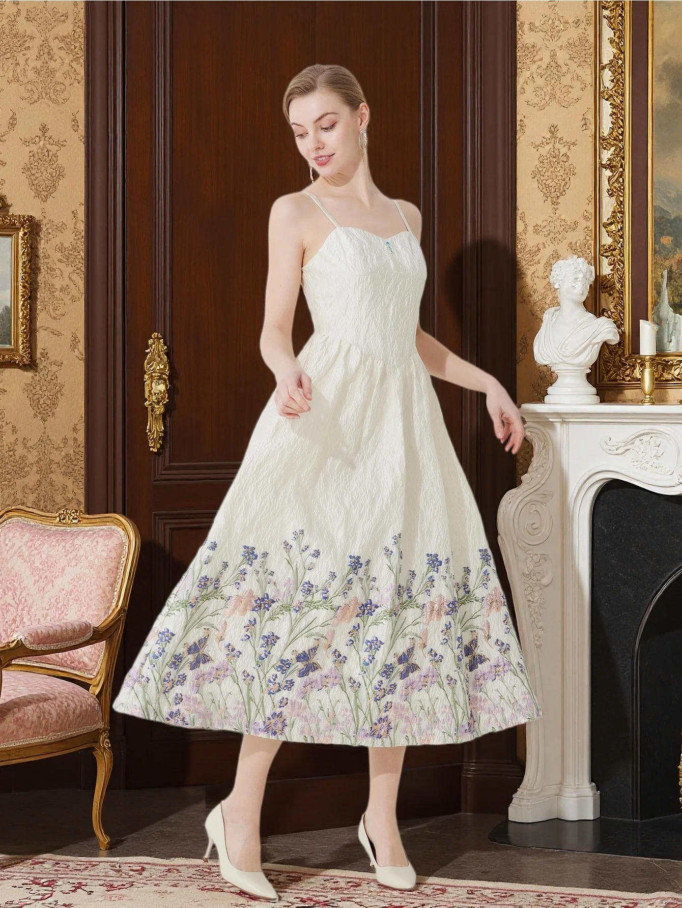 DEVCHATA Women's French Heavy Jacquard A-Line Midi Dress Full Skirt Ideal for Garden Parties Weddings