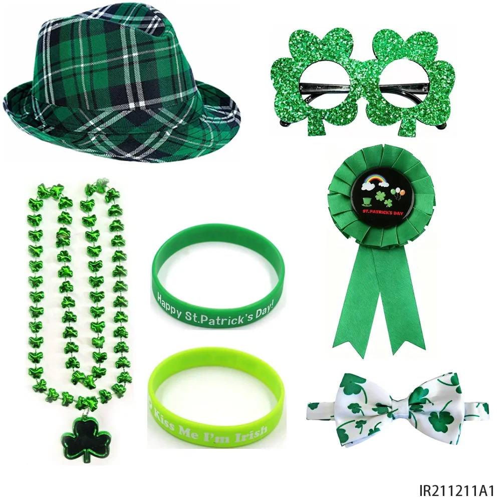 Accesorios del Día de San Patricio: gorros blandos, corbatas, collares de gafas, insignias, patrones de pegatinas, etc., aptos para trajes de fiesta.
