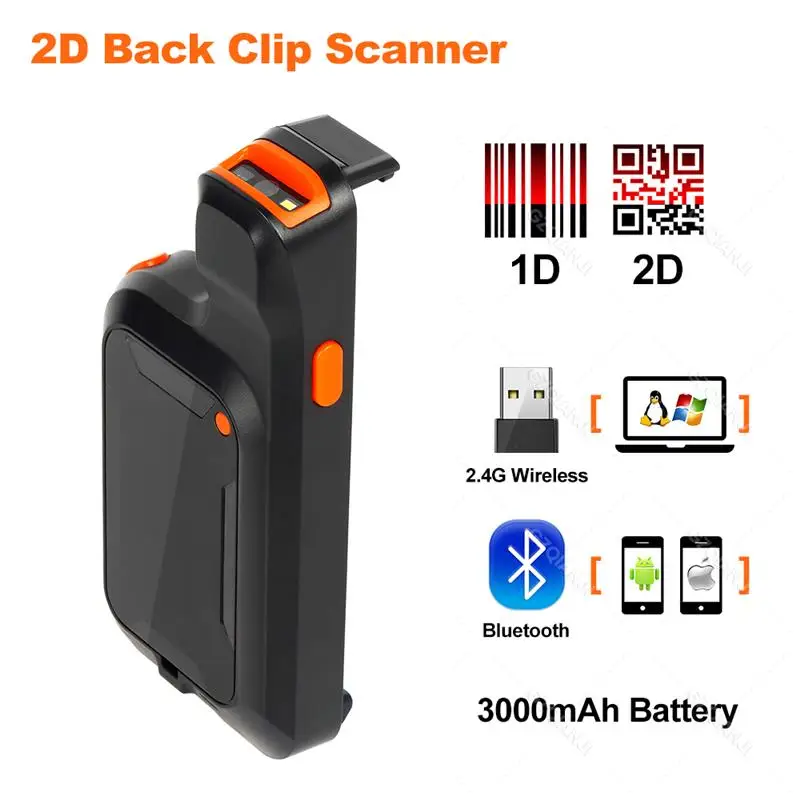 To 2D Back Clip Bluetooth Barcode Scanner Phone Work Portable Barcode Reader Data Matrix 1D QR Scanner for Android iOS System