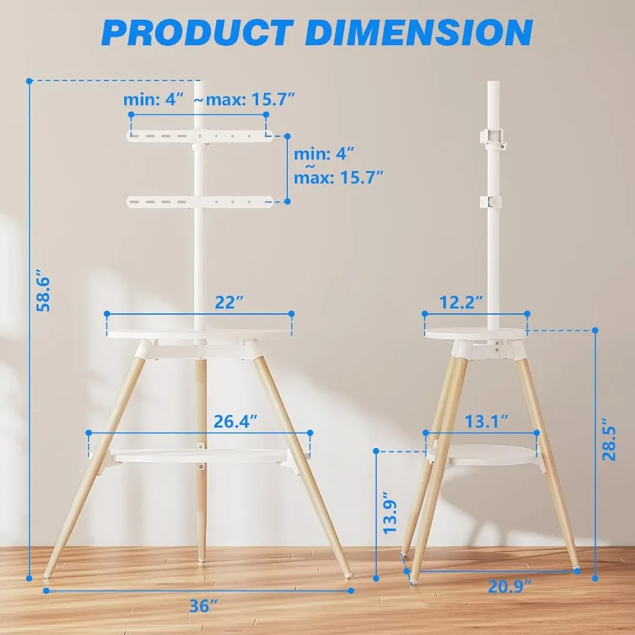 Stojak na telewizor typu easel na telewizory o przekątnej od 32 do 65 cali, regulowany w wysokości, obracany o 180 stopni, statyw pod telewizor do 40 kg, minimalistyczny narożny stojak pod telewizor.