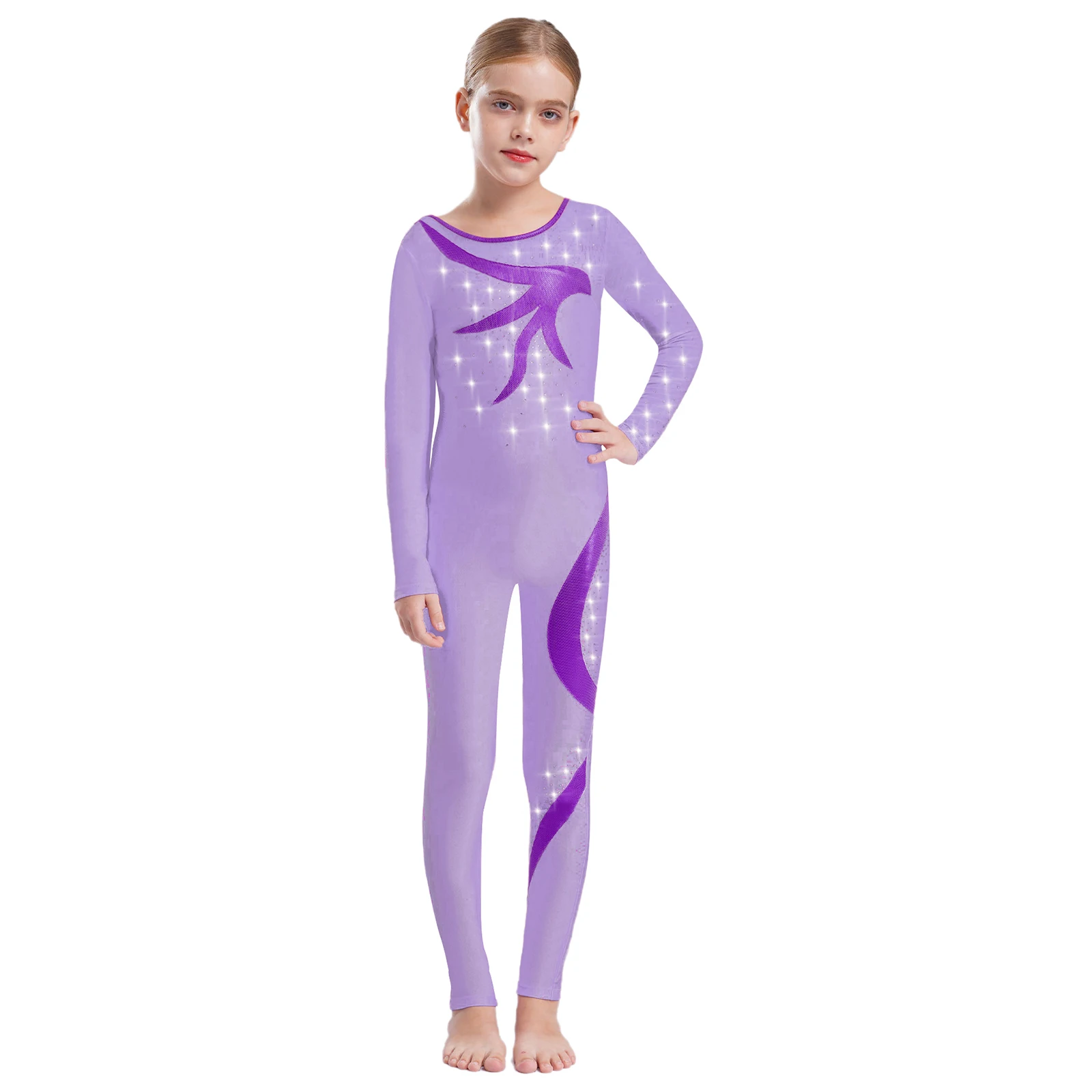 

Teen Girls Shiny Rhinestones Bodysuit Sheer Mesh Full Length Leotard Rhythmic Gymnastics Jumpsuit Figure Skating Stage Costume