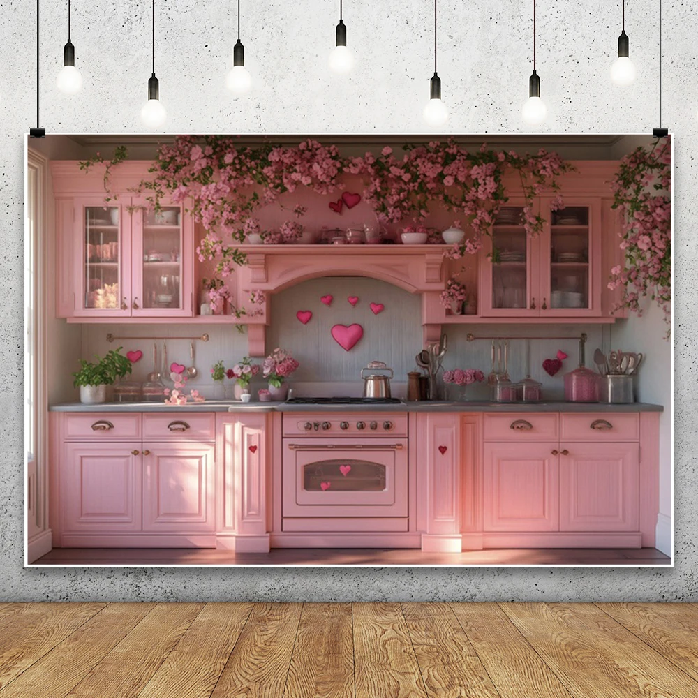 Valentine's Day Kitchen Backdrop Pink Cabinet Rose Flowers Women Birthday Wedding Engagement Party Decor Photography Background