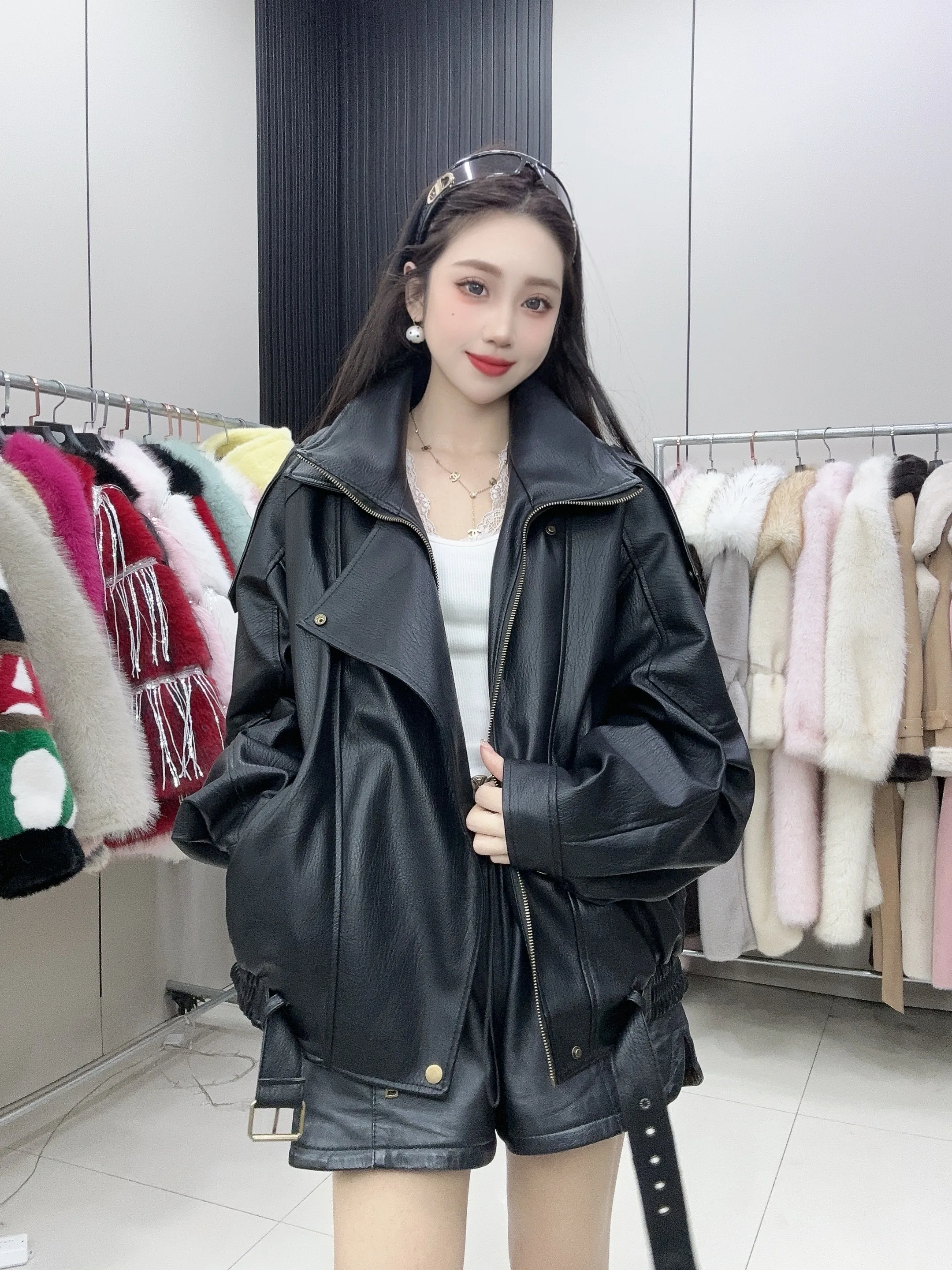 2025 Spring and Autumn Leather Jacket Womens Classic Locomotive Coats Cool Girls Casual Burgundy Leather Jacket