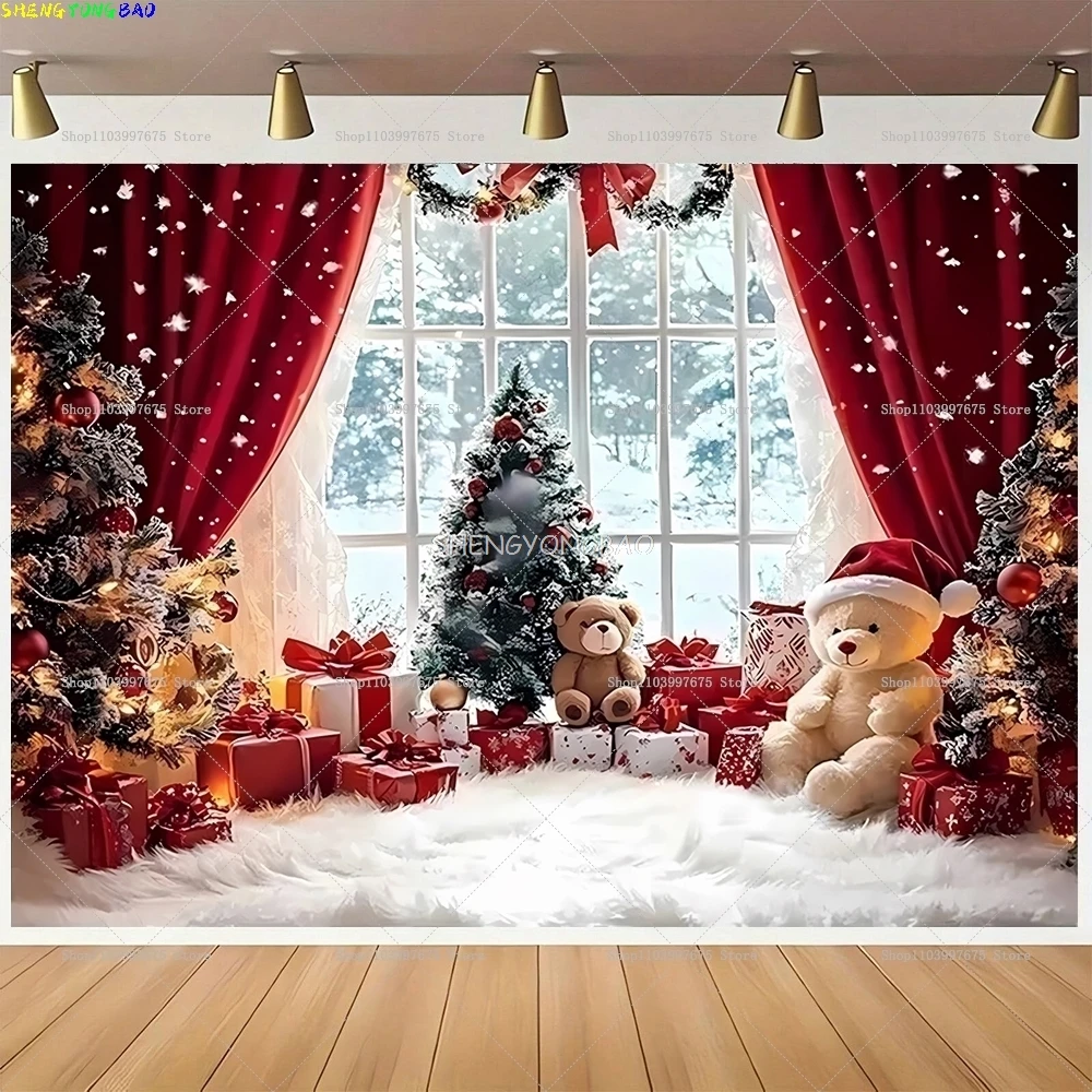 

Christmas Day Fireplace Photography Backdrops Prop illustration Window Living Room Interior Village House Theme Background HK-08