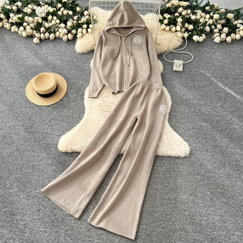 

High End Sweater Set Women's Autumn Loose Fitting Heavy Embroidery Hooded Knitted Top, High Waist Wide Leg Straight Leg Pants
