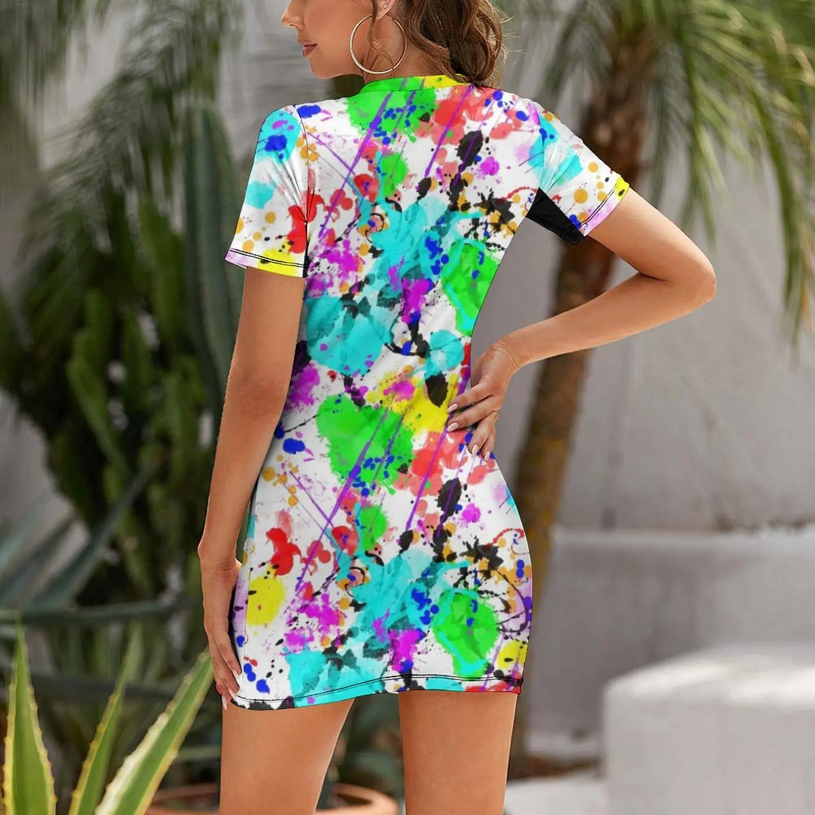 Watercolor splatter effect, neon colors Short Sleeved Dress Casual dresses summer woman dress 2025 Dress