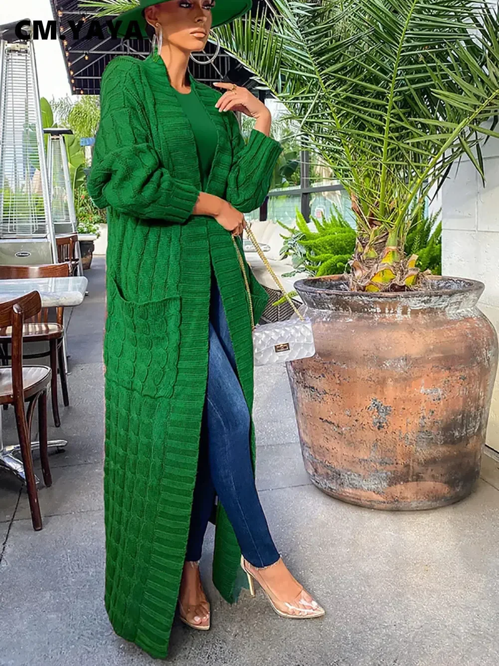 CM.YAYA Women Knit Ribbed Hemp Flower Long Sleeve with Pocket Open
