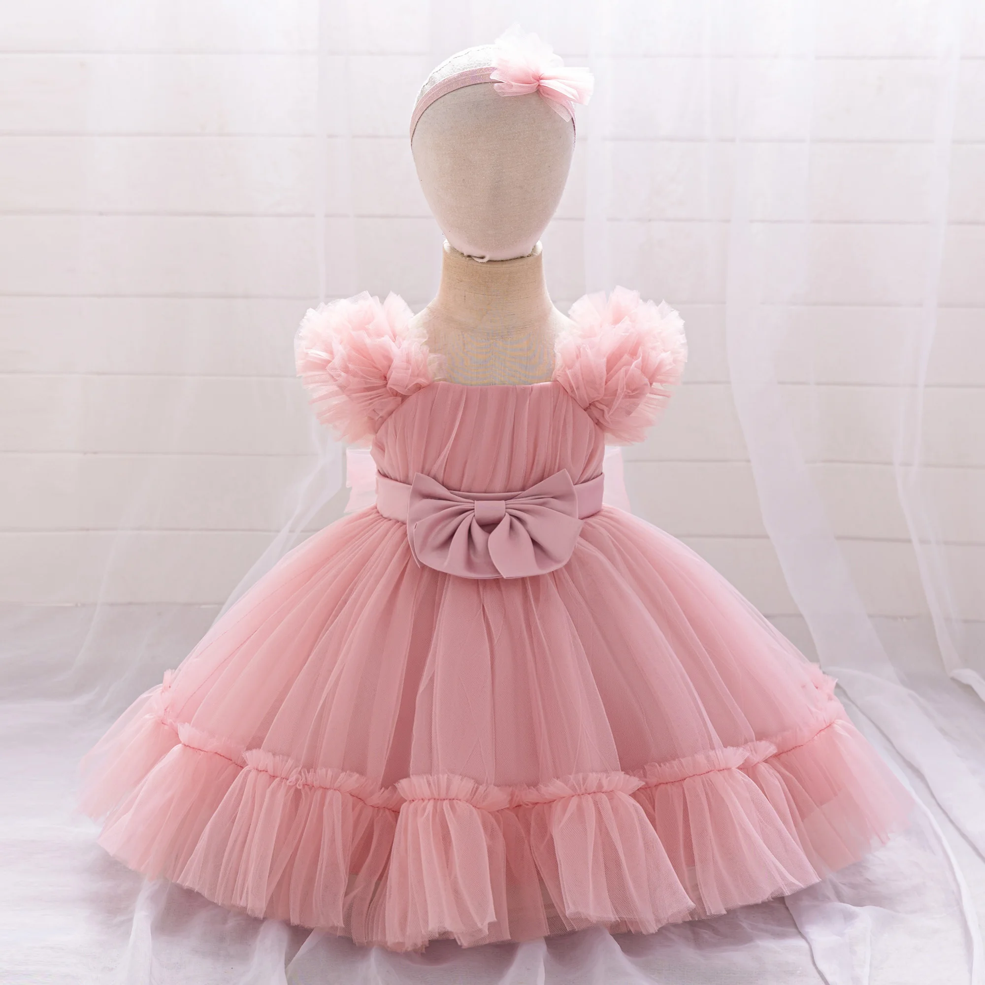 Girl's bow mesh fluffy princess dress one year old festival host piano performance wedding flower girl dress
