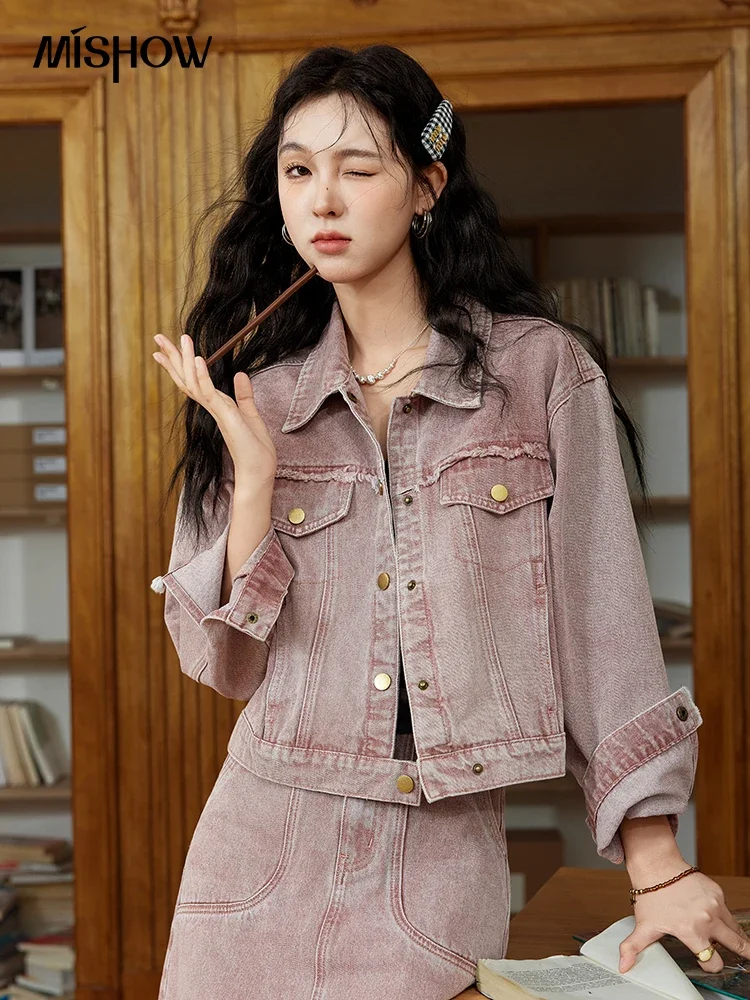 MISHOW Pink Denim Jacket Casual Skirt Separately Autumn Korean Single Breasted Polo Neck Coats Hem Slit A-line Skirt MXD44W0437