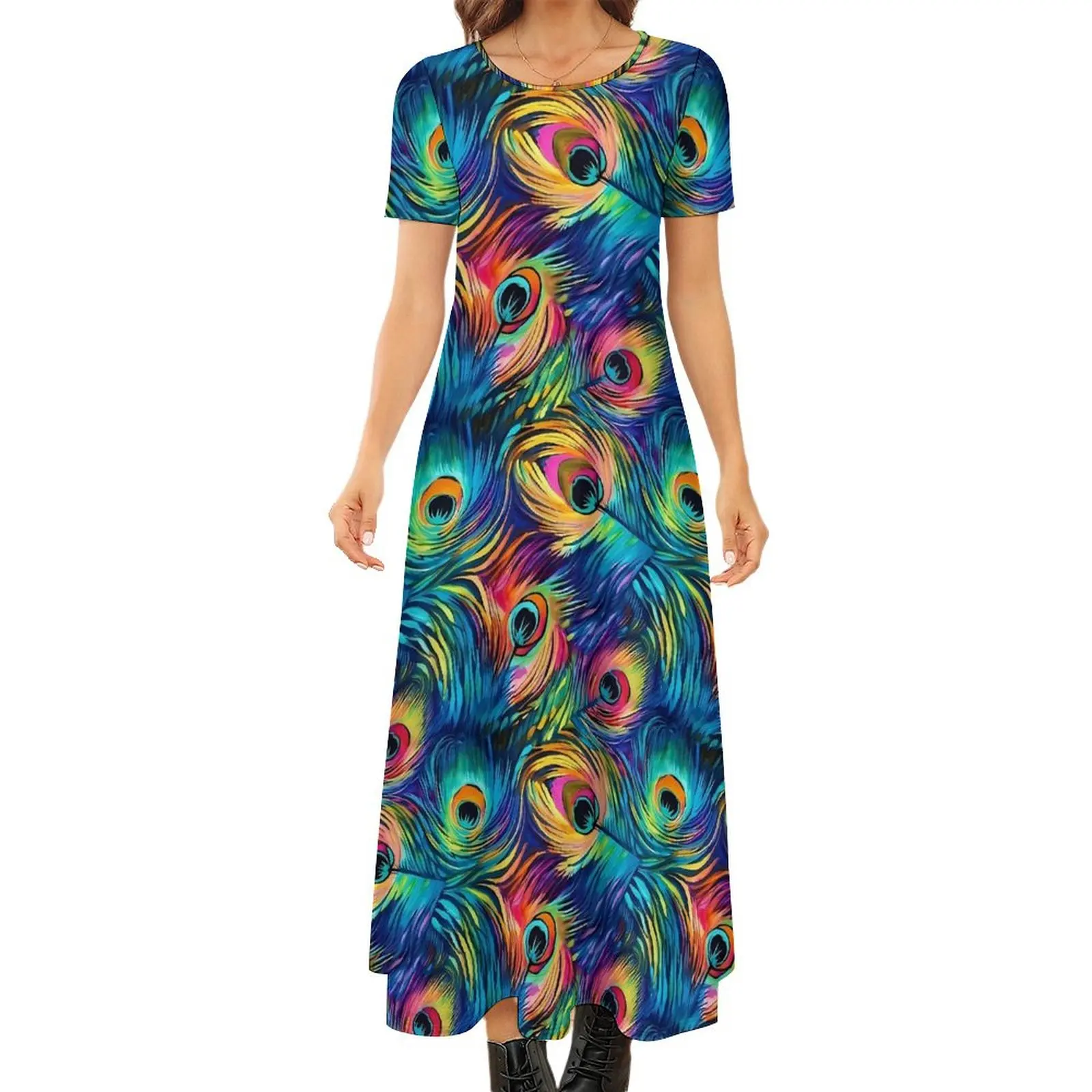 Rainbow Peacock Feather Dress Animal Print Beach Maxi Dress Women Short Sleeve Aesthetic Boho Beach Long Dresses Big Size 7XL