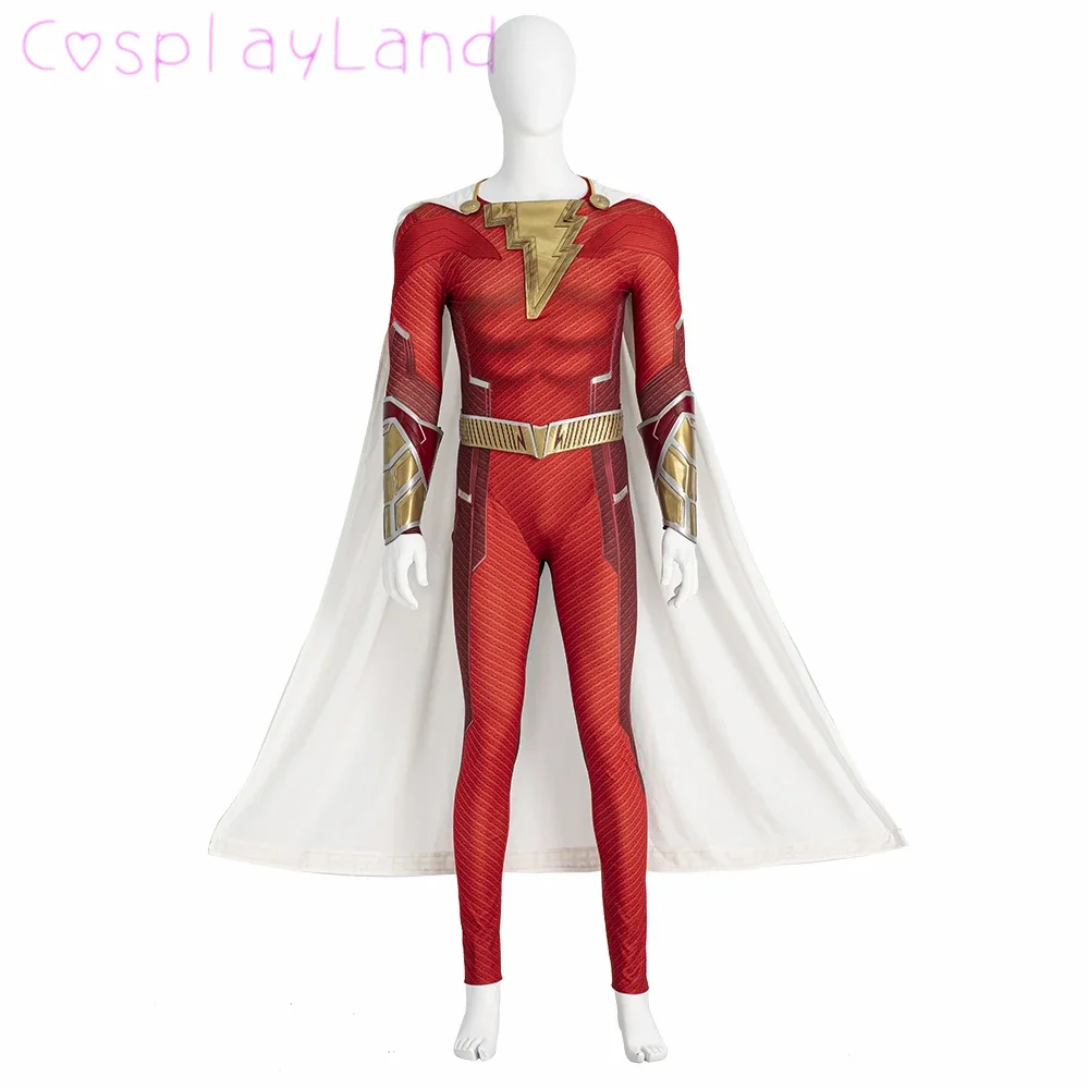 

Captain Shazam Costume Halloween Cosplay Superhero Fury of the Gods William Jumpsuit Adult Men Red Bodysuit White Cape