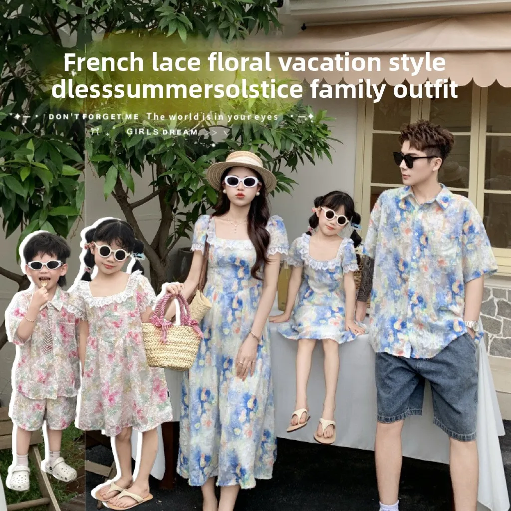 

2026 Summer Family Matching Outfits Floral Print Mommy and Me Dress Dad Son Shirt Lace Trim Vacation Beach Clothes